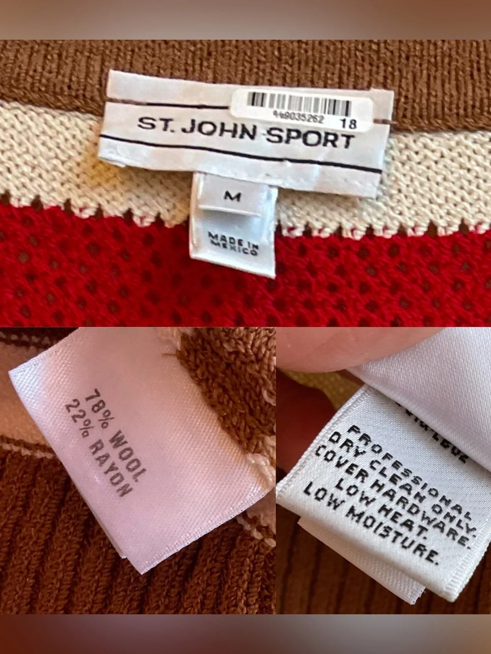 Vintage St. John Sport Striped Wool Blend Cardigan Sweater Red Ivory Camel MED - Picture 14 of 16